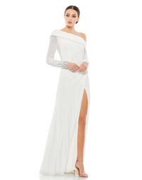 Off-the-shoulder jersey gown with jewel-accented cuffs - White