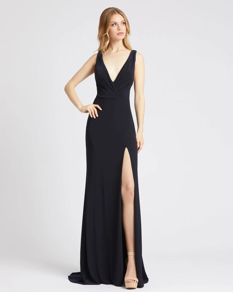 Mac Duggal V-neck wrap sleeveless evening gown - Midnight #12336