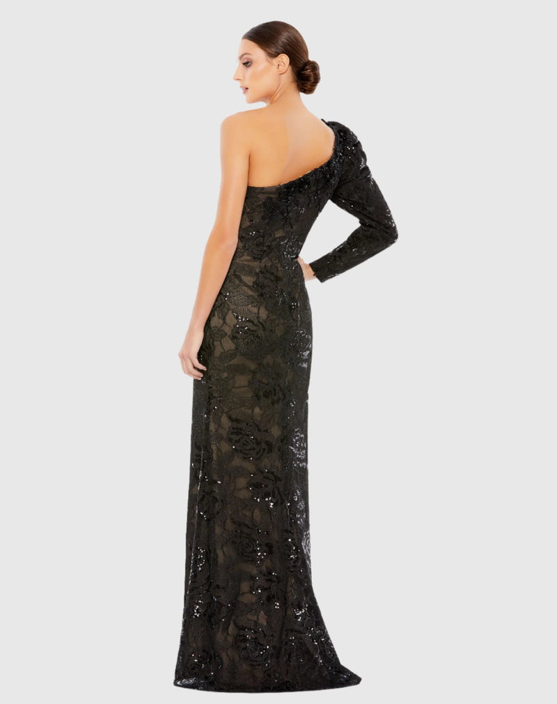 Embellished One Puff Sleeve Trumpet Gown - Black