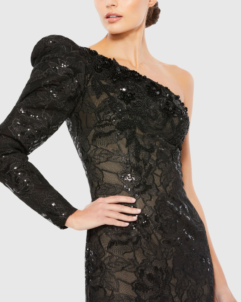 Embellished One Puff Sleeve Trumpet Gown - Black