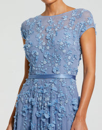 Floral Embellished Short Sleeve Mesh Gown - Sky Blue