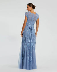 Floral Embellished Short Sleeve Mesh Gown - Sky Blue