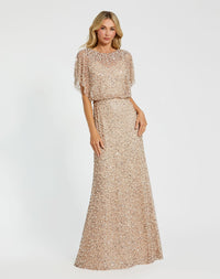 Mac Duggal, Beaded Mesh Gown With Shawl, Nude Gold, #14523 Gold