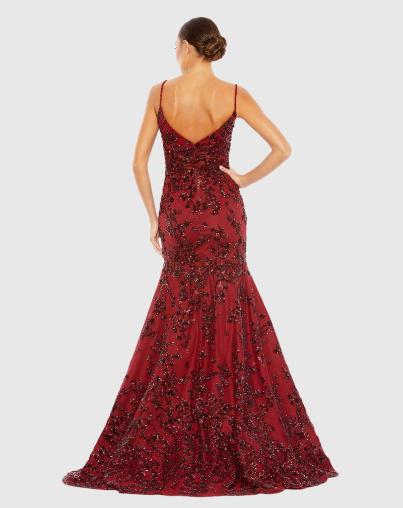 Sequin Corset Trumpet Gown - Burgundy