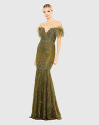 Feather crystal embellished sleeveless gown - Green