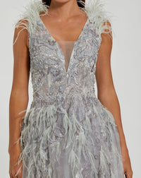 Embellished Feathered Sleeveless A Line Gown - Nude