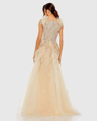 Embellished Feathered Sleeveless A Line Gown - Nude