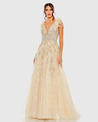 Mac Duggal #20259 Embellished Feathered Sleeveless A Line Gown, Nude