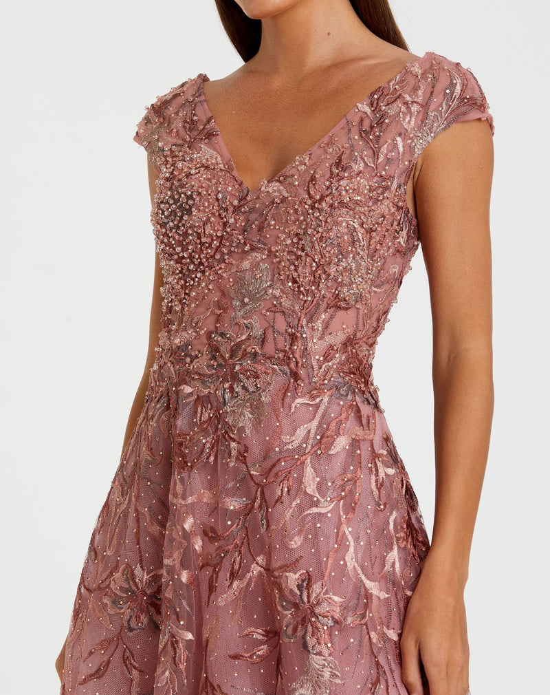 Pink Embroidered Illusion Cap Sleeve A Line Gown - Cinnamon