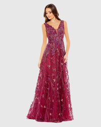 Mac Duggal, Embroidered Sleeveless Plunge Neck A Line Gown #20265 Berry