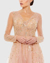 Embellished V Neck Long Sleeve A Line Gown - Pink