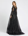 Mesh long sleeve floral ruffle tiered modest gown - Black