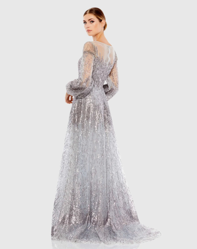 Jewel encrusted long sleeve A line modest gown - Platinum