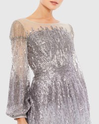 Jewel encrusted long sleeve A line modest gown - Platinum