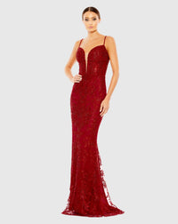 Mac Duggal #20330 Embellished Plunge Neck Illusion Mermaid Gown Red