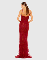 Embellished Plunge Neck Illusion Mermaid Gown - Red