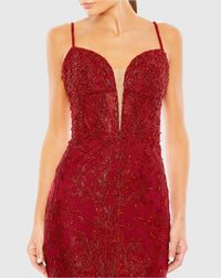 Embellished Plunge Neck Illusion Mermaid Gown - Red