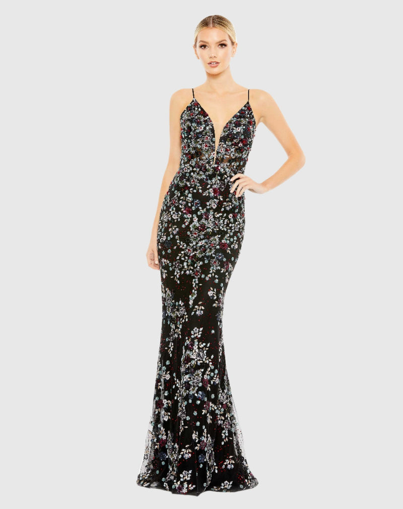 Mac Duggal, #20332 Embellished Plunge Neck Sleeveless Gown, Black Floral Sequin