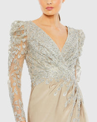 Embellished Faux Wrap Illusion Puff Sleeve Gown - Taupe