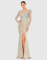 Mac Duggal Embellished Faux Wrap Illusion Puff Sleeve Gown, #20346, Taupe 