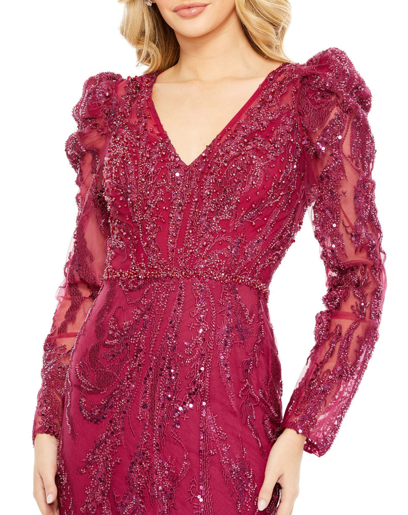 Embellished Puff Sleeve Gown - Berry