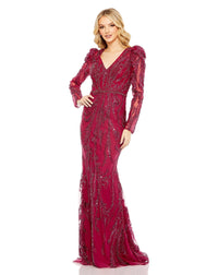 Embellished Puff Sleeve Gown - Berry