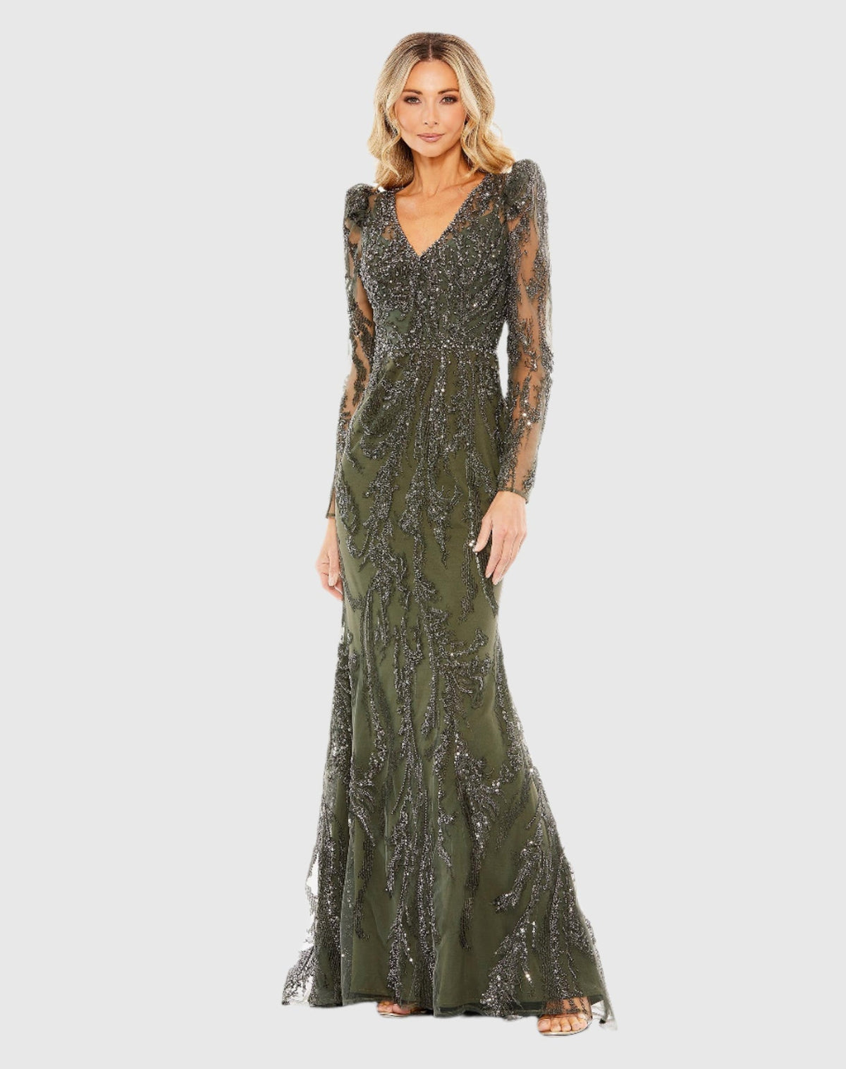 Mac Duggal #20349 Long Sleeve V Neck Gown - Olive |