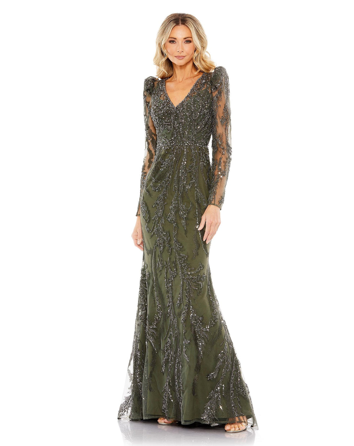 Mac Duggal #20349 Long Sleeve V Neck Gown - Olive