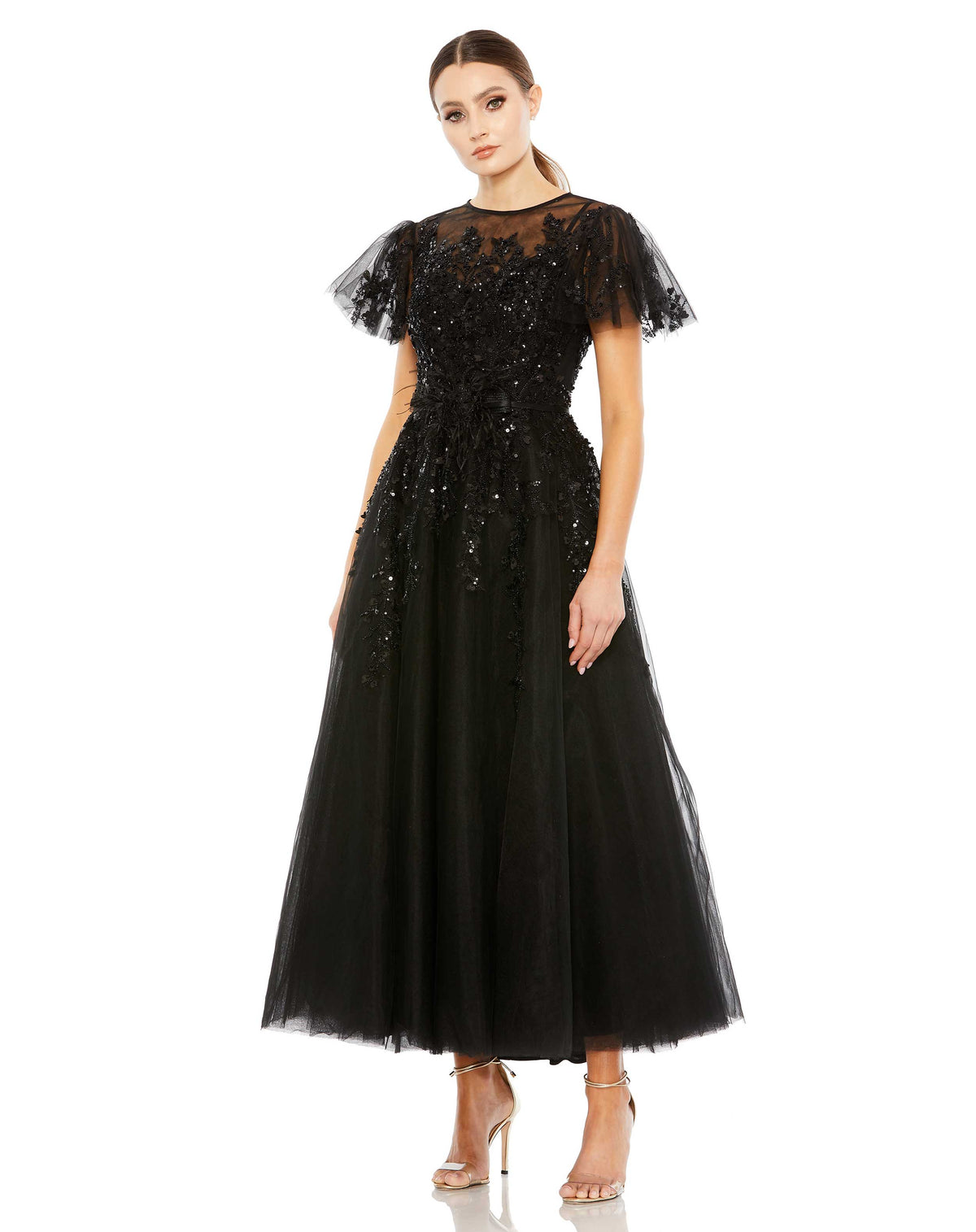 Mac Duggal #20362 Embellished Flutter Sleeve Bow Modest Dress - Black