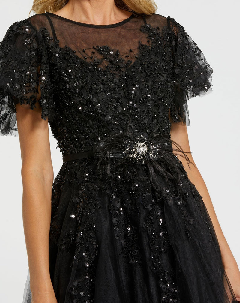 Embellished Flutter Sleeve Bow Modest Dress - Black