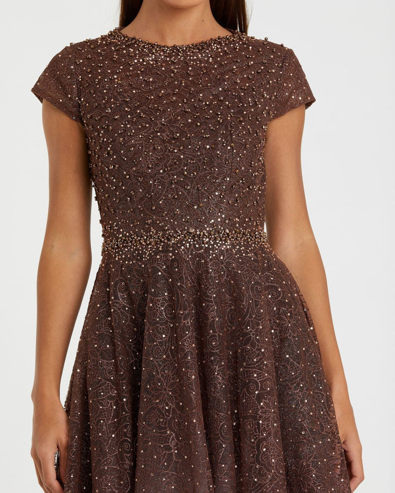 Gray Embellished Cap Sleeve A Line Dress - Chocolate