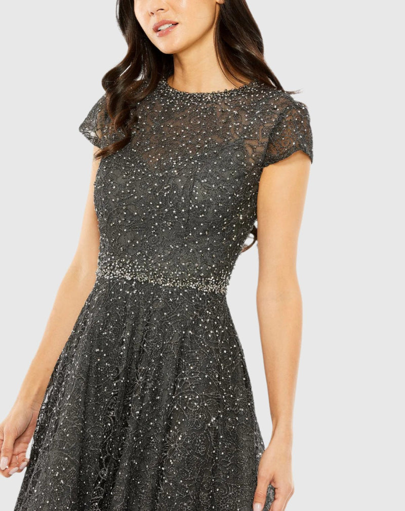 Gray Embellished Cap Sleeve A Line Dress - Chocolate