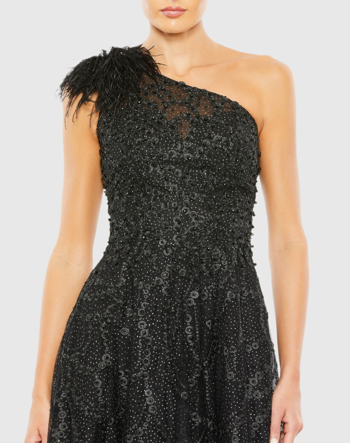 Embellished One Shoulder A Line Gown - Black