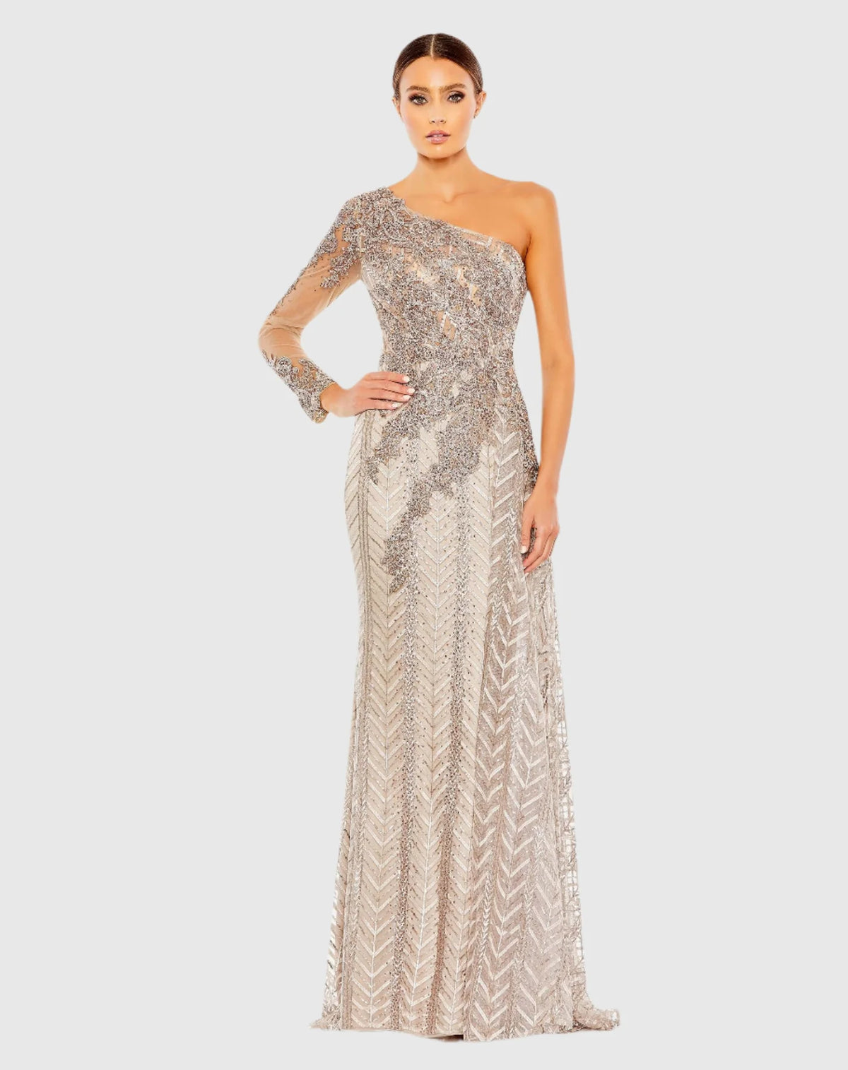 Mac Duggal, One shoulder A-line sequin gown, Taupe #20401