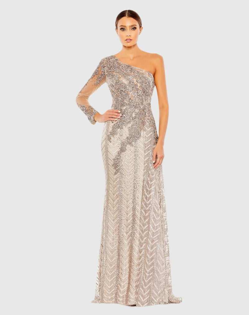 Mac Duggal, One shoulder A-line sequin gown, Taupe #20401