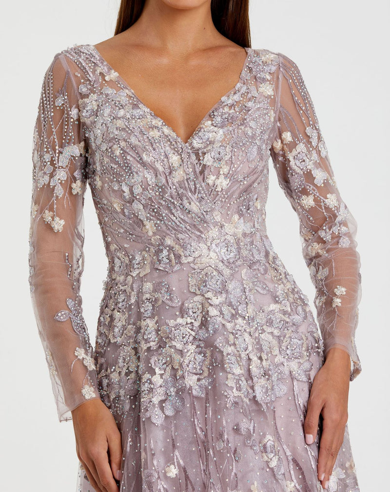 Embroidered Lace Wrap Over Illusion Long Sleeve A Line Gown - Lilac