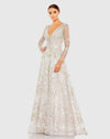 Mac Duggal #20402 Embroidered Lace Wrap Over Illusion Long Sleeve A Line Gown White Lace 