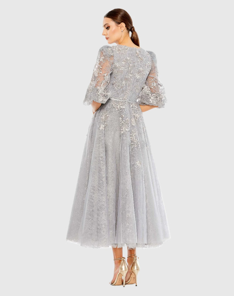 Puff Sleeve Modest Evening Dress - Platinum