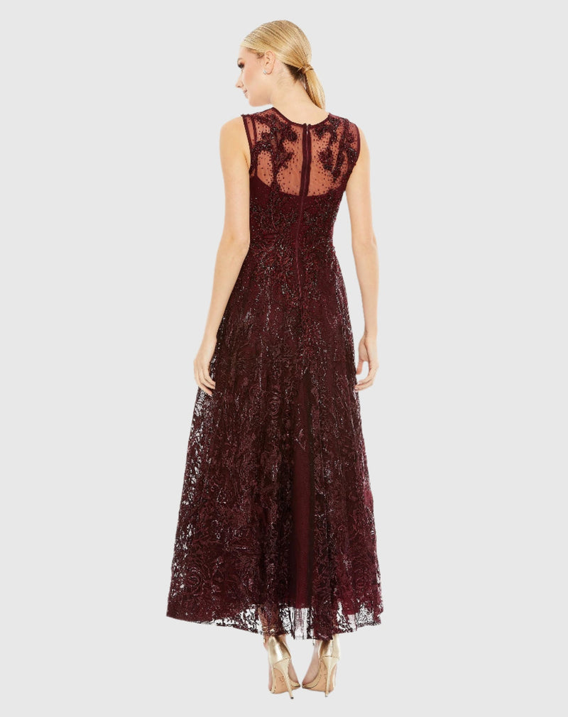 Embroidered High Neck Sleeveless Dress - Burgundy