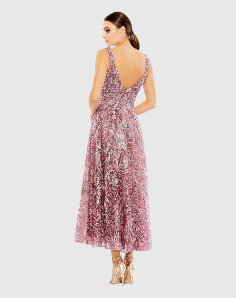 V-Neck Low Cut Back Floral Embroidered A-Line Dress - Mauve