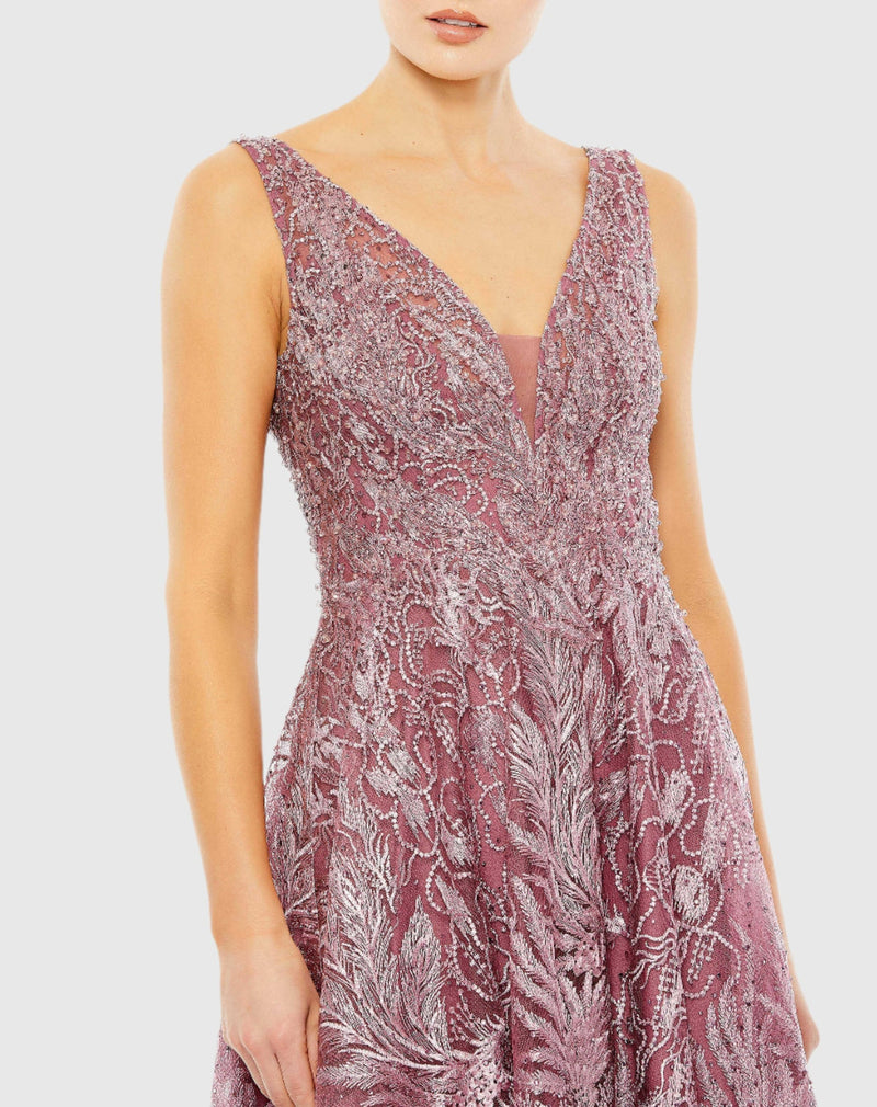 V-Neck Low Cut Back Floral Embroidered A-Line Dress - Mauve