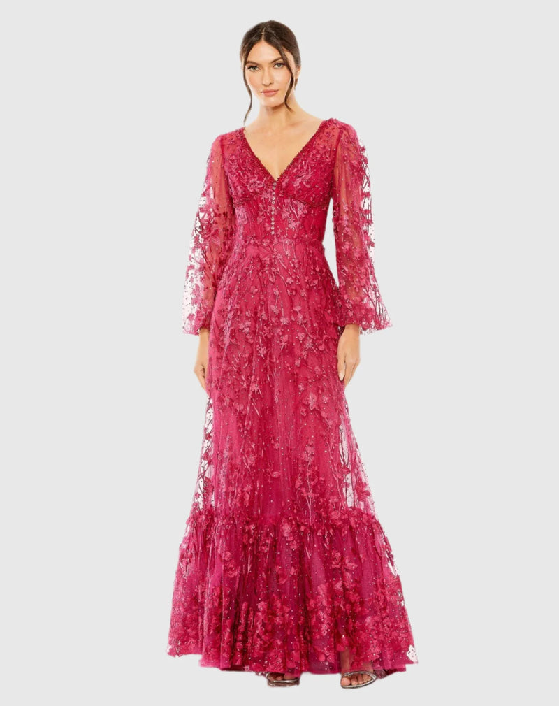 Mac Duggal Pink Puff Sleeve A-Line Embroidered Gown #20430 Cranberry