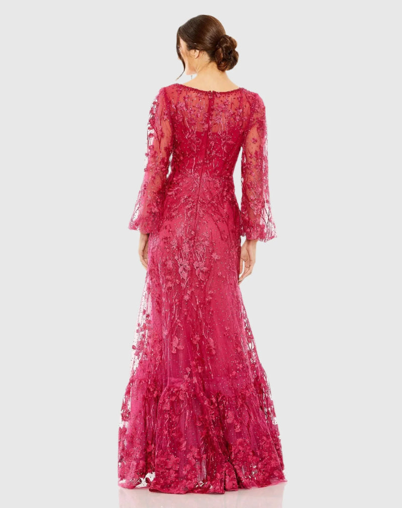 Puff Sleeve A-Line Embroidered Gown - Cranberry