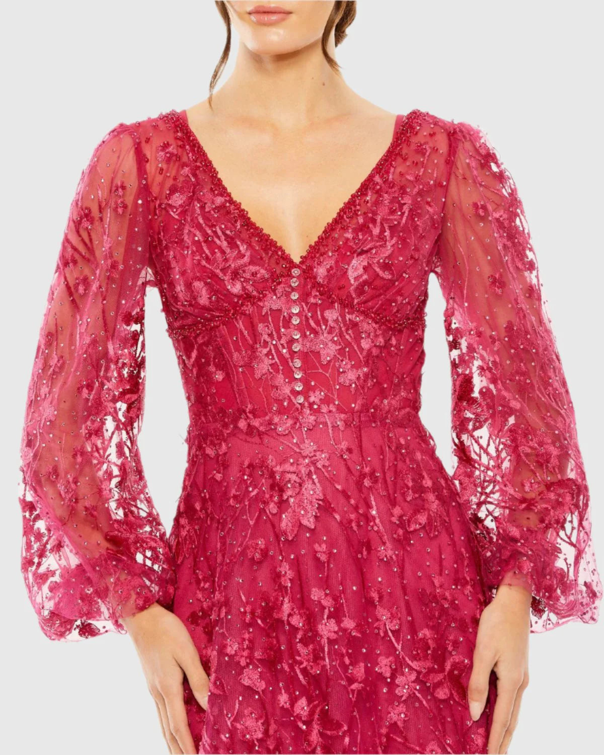 Puff Sleeve A-Line Embroidered Gown - Cranberry