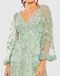 Puff Sleeve A-Line Embroidered Gown - Sage