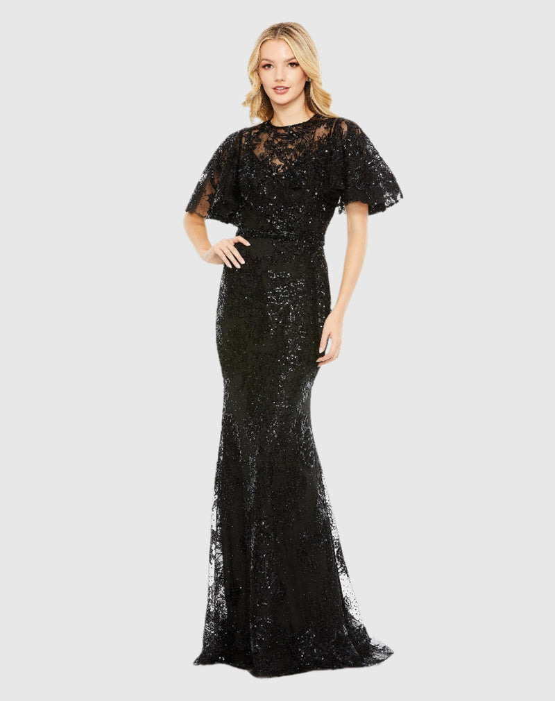 Mac Duggal, Embellished flutter sleeve high-neck modest gown, Black #20438