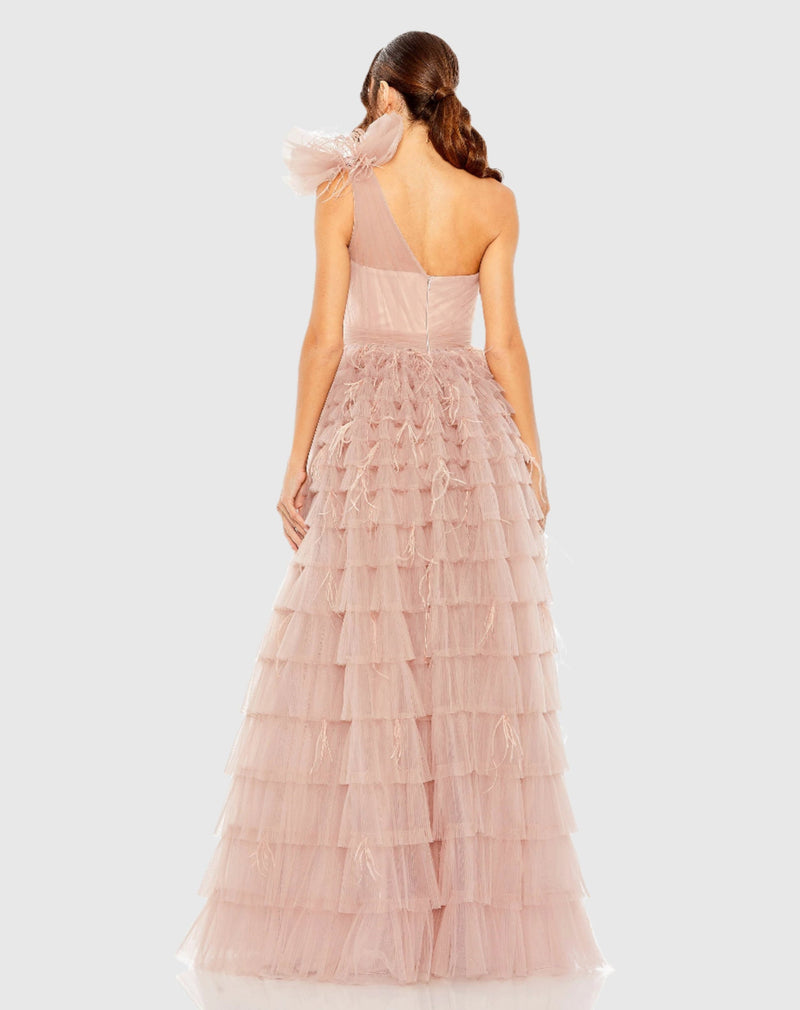 Pink One Shoulder Faux Bow Feather Tiered A Line Gown - Dusty Rose