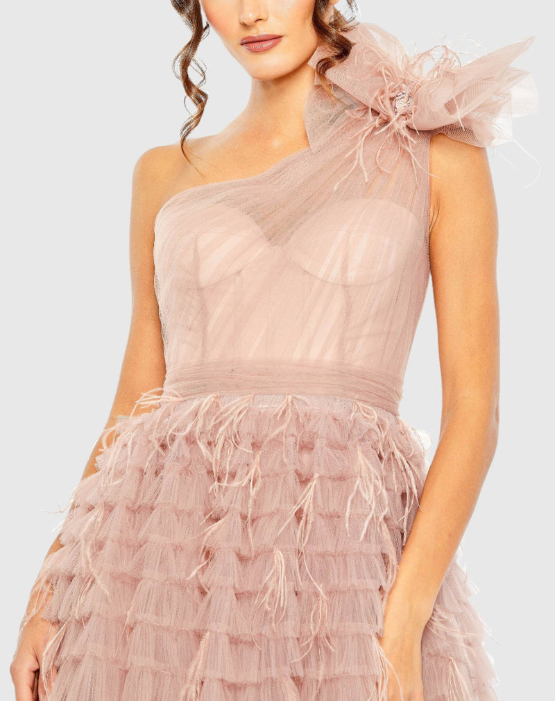 Pink One Shoulder Faux Bow Feather Tiered A Line Gown - Dusty Rose