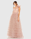 Mac Duggal Pink One Shoulder Faux Bow Feather Tiered A Line Gown #20447 Dusty Rose 