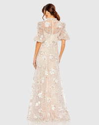 Pink Queen Anne Puff Sleeve A Line Gown - Blush